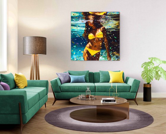 Beautiful black african american woman in a yellow bikini under water in the swimming pool, sea, ocean with blue turquoise color waves with bright sun glares. Female portrait artwork, sexy body figure woman. Positive relax holiday colorful wall art home decor
