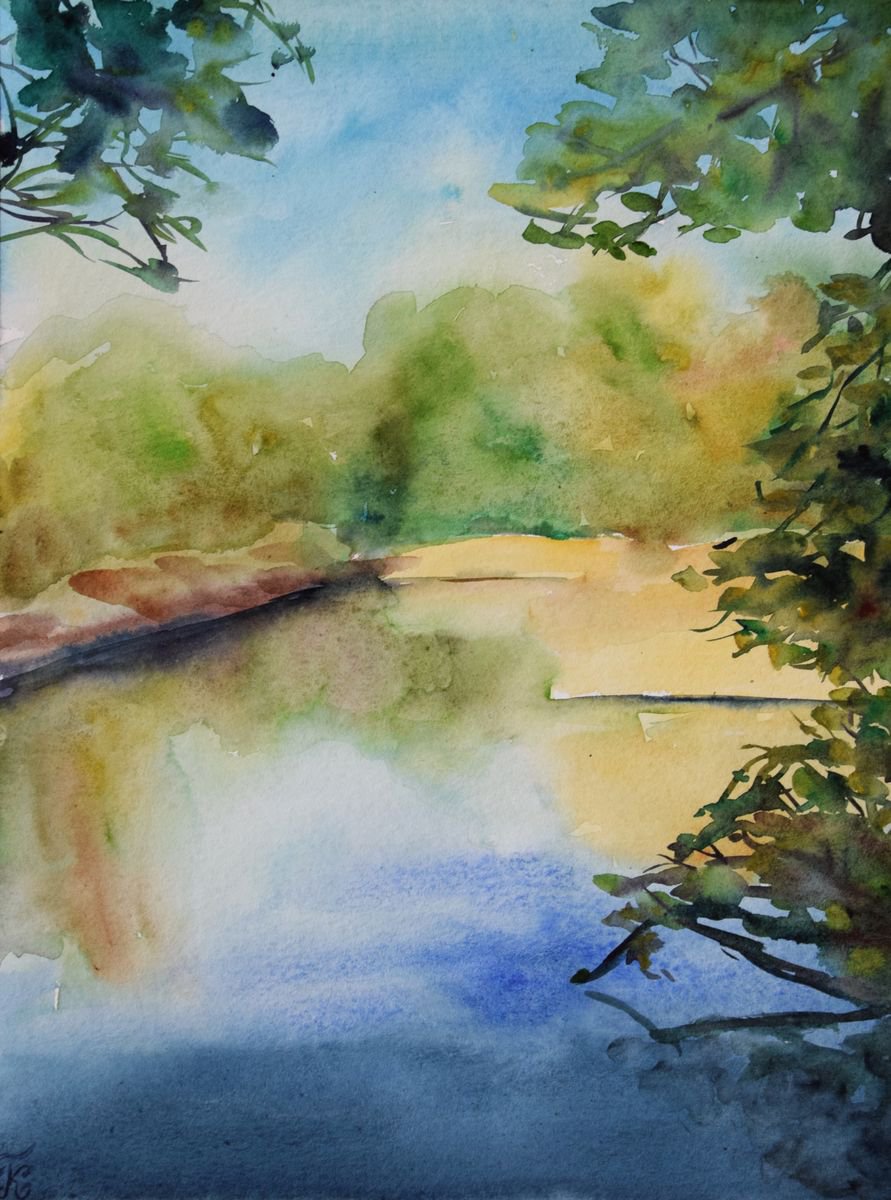 Spring sunny forest lake watercolor painting | Artfinder