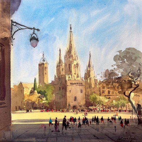 View of the square and the cathedral in Barcelona by Andrii Kovalyk