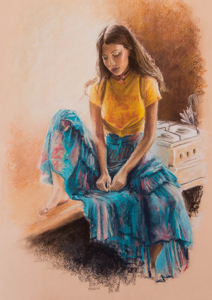 Impressionistic Portrait Pastel Drawing By Inna Medvedeva, 13 X 18, Sitting On The Table, Original Artwork