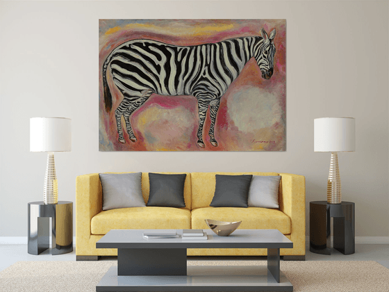 ZEBRA - animal art, black and white, large size original oil painting, flora and fauna