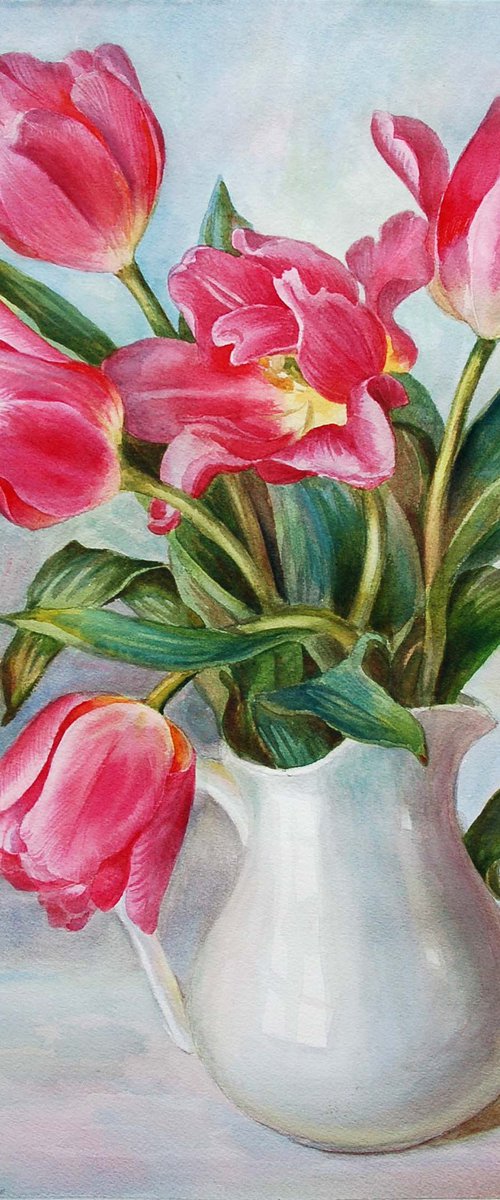 Tulips in a white jug by Yulia Krasnov