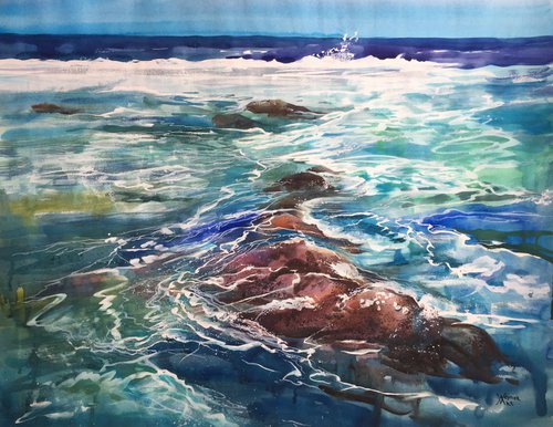 Ocean. Watercolor ocean landscape. by Natalia Veyner