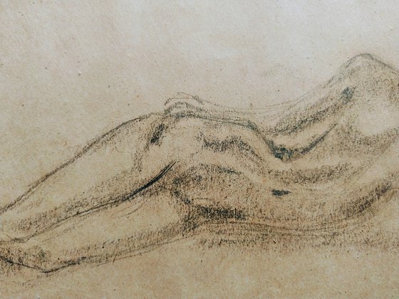 Nude. Sketch. Original pencil drawing on beige paper