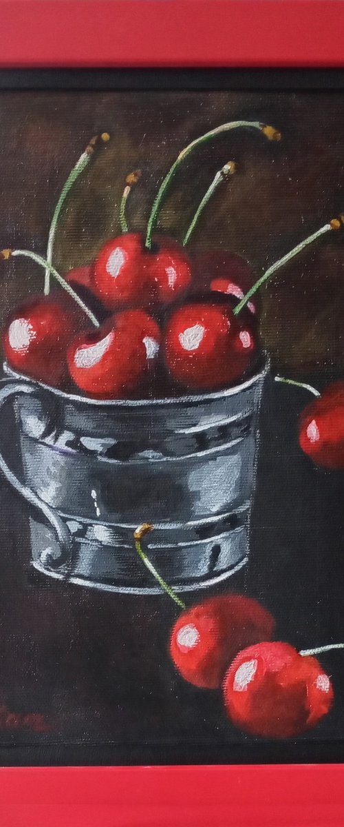 Red cherries in a metal cup by Liubov Samoilova