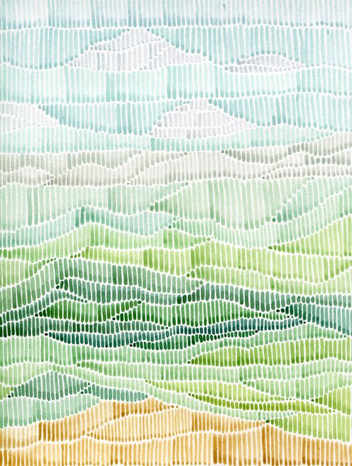 Original watercolor abstract landscape of green hills and cloudy sky by Liliya Rodnikova