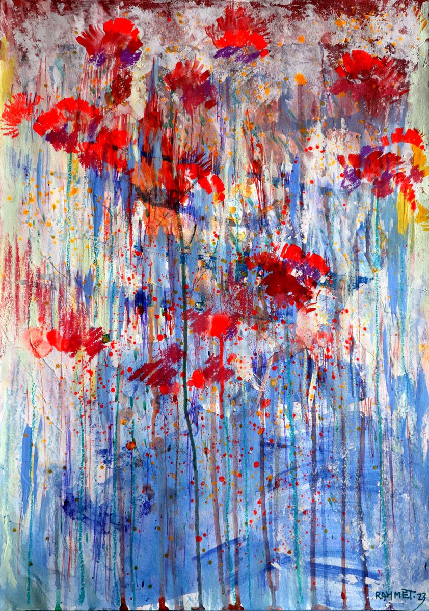 Impressionistic Botanical Acrylic Painting By Rakhmet Redzhepov, 17 X 23", Fantasy With Flowers 88, Original Artwork