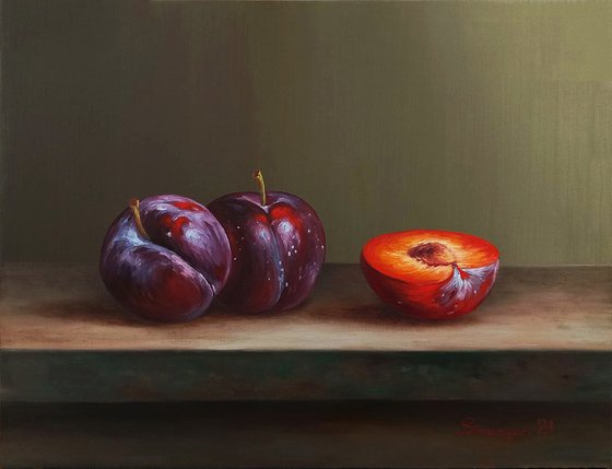 Still life red plums (31x42cm, oil on panel)