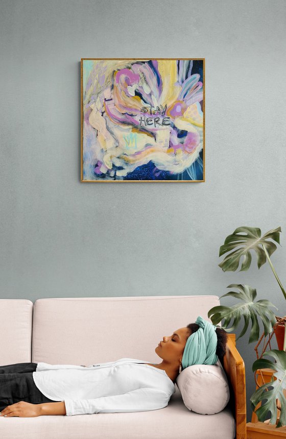 HERE - square home acrylic painting, light colours, yellow pink white, peaceful, hotel, living room