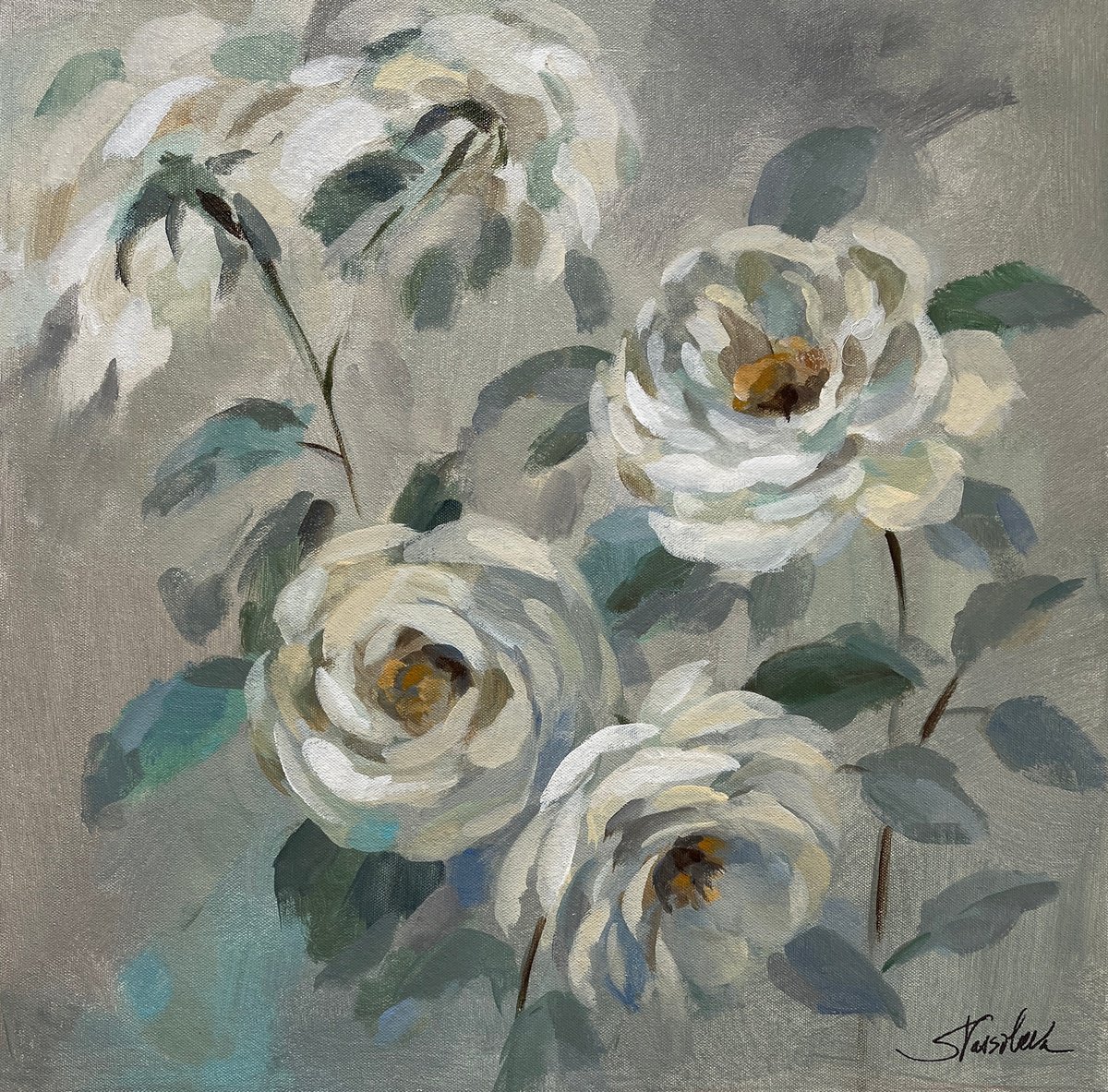 Impressionistic Botanical Acrylic Painting By Silvia Vassileva, 20 X 20", Blue-Gray Floral, Original Artwork