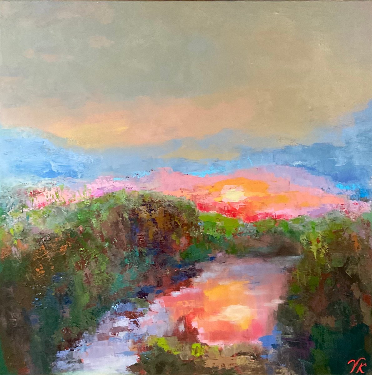 Abstract Landscape Oil Painting By Vera Klimova, 31 X 31", Pacification, Original Artwork