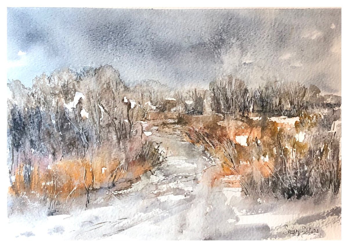 Impressionistic Landscape Watercolour By Snezana Djordjevic, 14 X 10", A Winter Day, Original Artwork