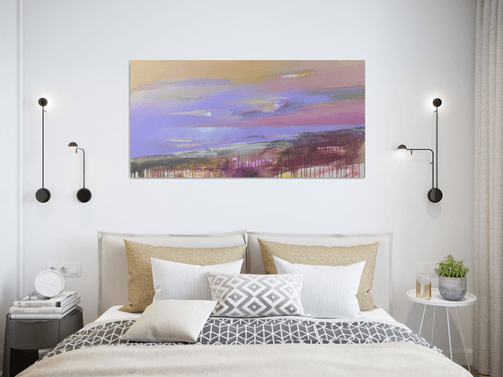 Bright horizontal painting - "Violet sunset" - Landscape - Expressionism - Seascape - Sunset