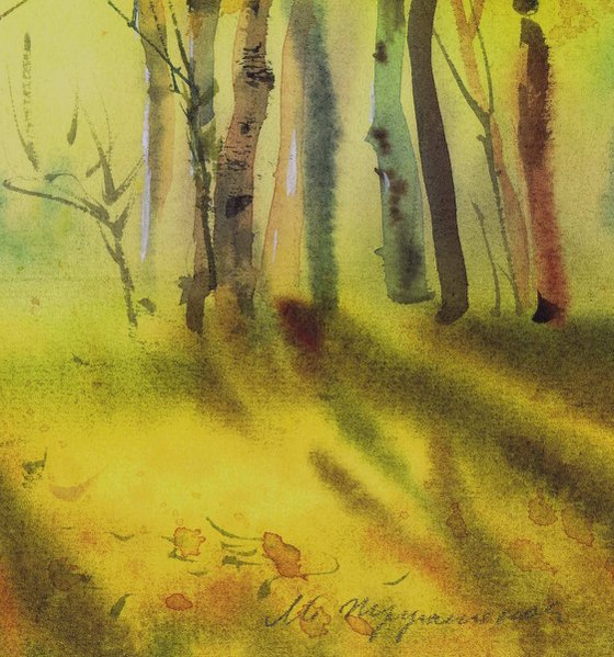 Autumn trees at sunset. Watercolour landscape by Marina Trushnikova