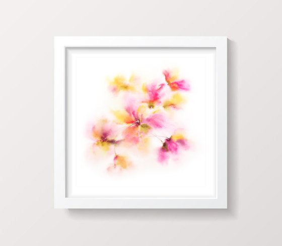 Pink yellow flowers bouquet, watercolor abstract floral wall art "Sun day"