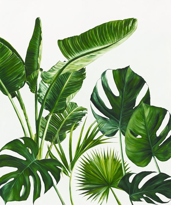 Big oil painting with palm and monstera leaves 100*120 cm