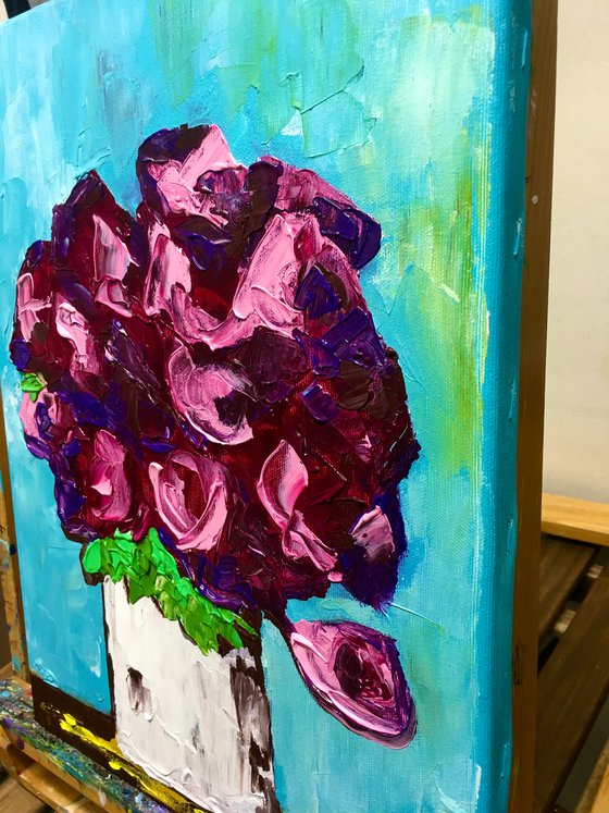 ABSTRACT BOUQUET OF Burgundy Roses  #16 ( NAIVE COLLECTION)  palette  knife Original Acrylic painting office home decor gift