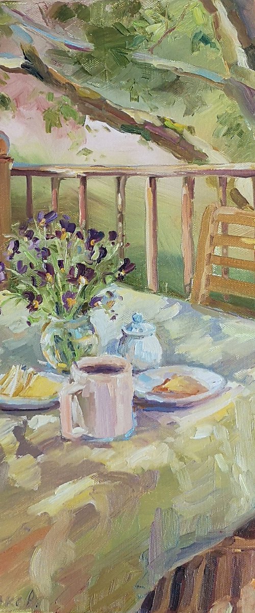 Summertime breakfast,  plein air, original one of a kind oil on canvas painting (14×18") by Alexander Koltakov