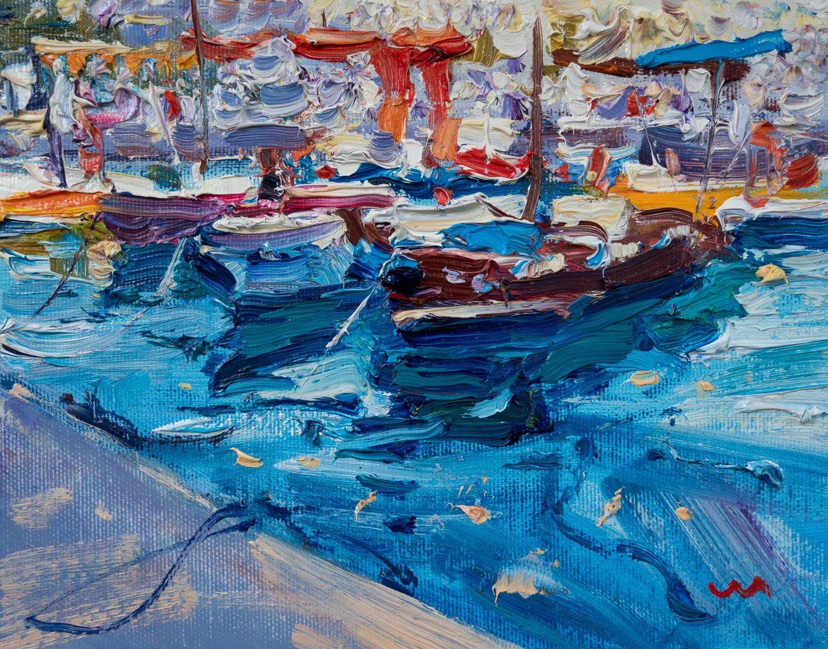Impressionistic Landscape Oil Painting By Vasyl Moldavchuk, 9 X 7", Colorful Boats, Original Artwork