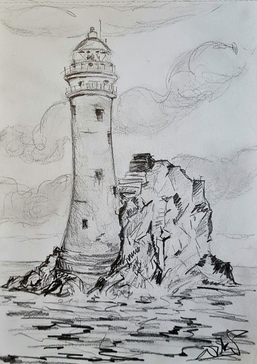 The Fastnet Lighthouse,Cork Ireland - a pencil study Drawing on 360g paper by Niki Purcell - Irish Landscape Painting