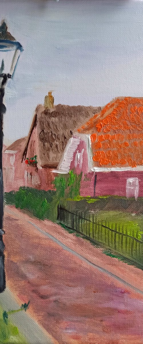 The small Dutch house with orange roof and lamppost. Plein Air by Dmitry Fedorov