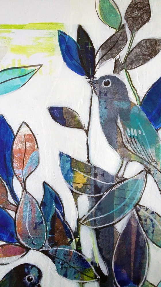 Blue birds ( birds and flowers mixed media painting )