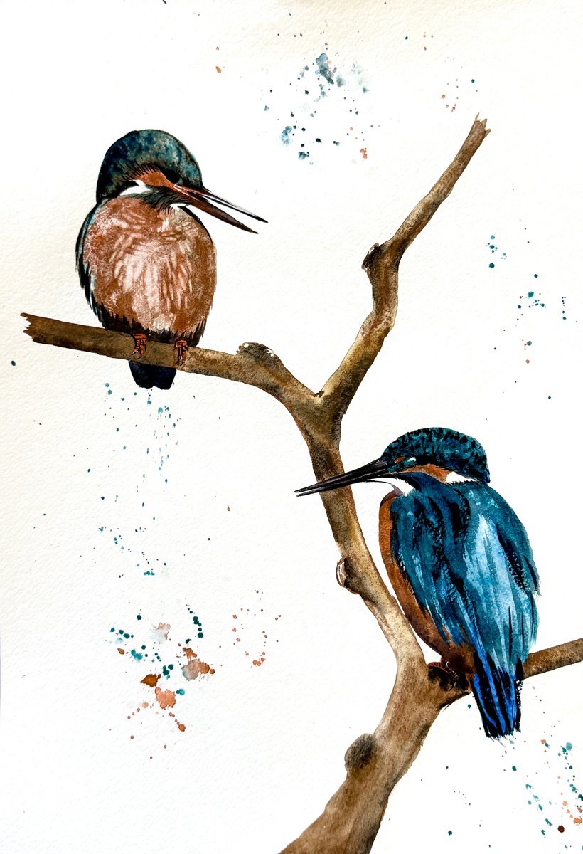 Expressive Animal Drawing By Yuliia Sharapova, 12 X 17", A Pair Of Kingfisher Birds, Original Artwork