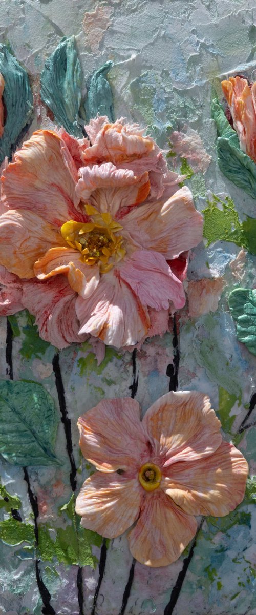 Peach Bloom Sculptural Floral Relief Art by Lena Owens at OLena Art