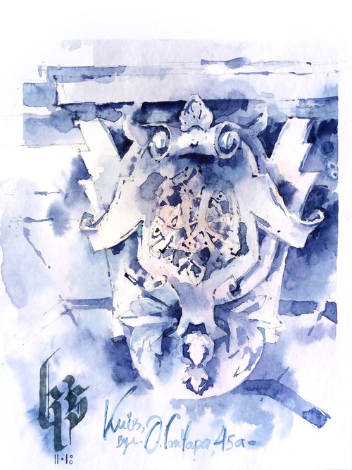 Modern architectural still life "Architectural detail coat of arms on the building. Sketch in blue tones"  original watercolor by Ksenia Selianko