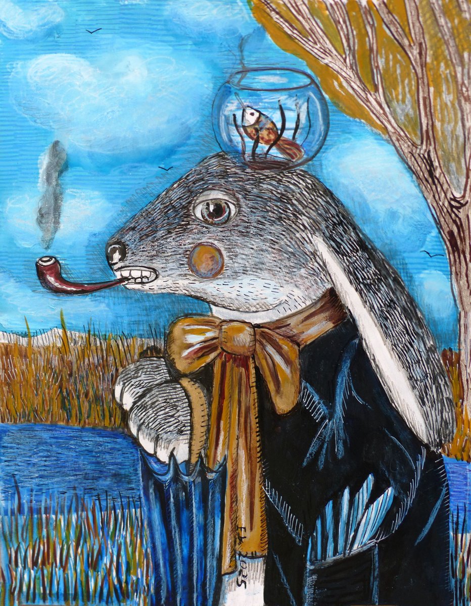 Surrealistic Animal Painting By Elizabeth Vlasova, 11 X 14, Gentleman With The Aquarium, Original Artwork
