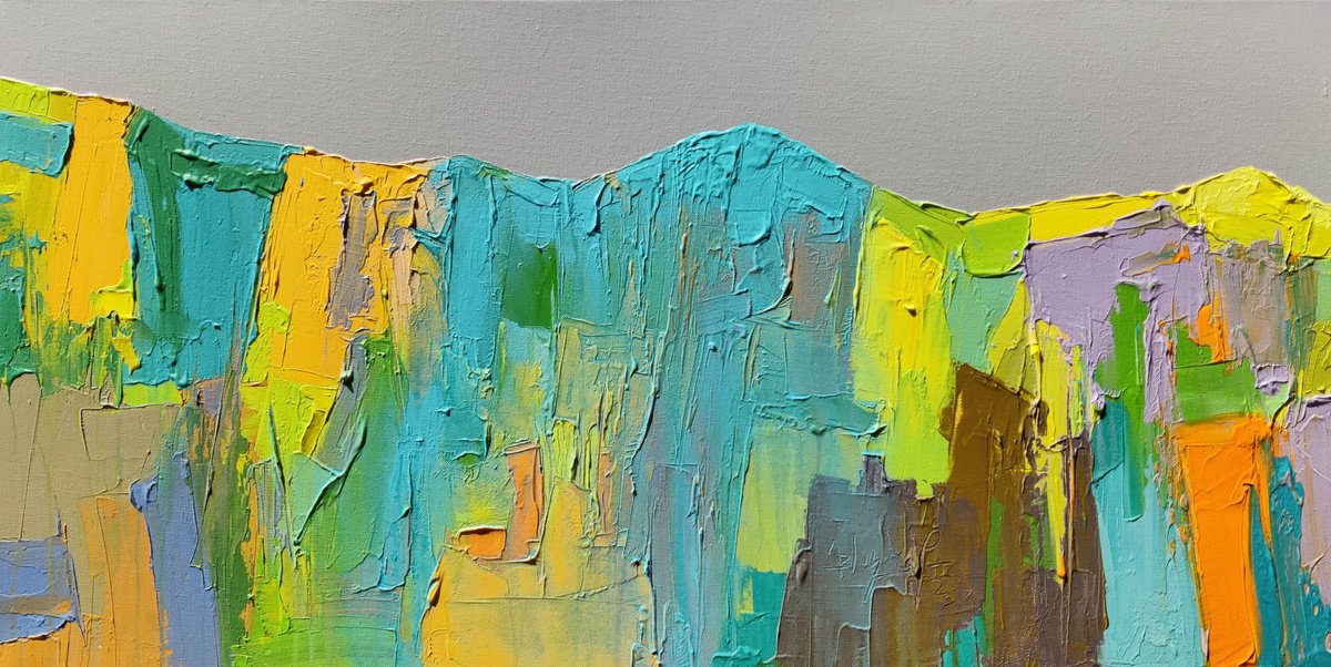 Abstract Landscape Acrylic Painting By Abhishek Kumar, 40 X 22, Blue Peaks, Original Artwork