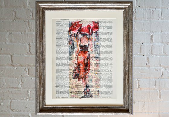 Lady in Red - Collage Art on Large Real English Dictionary Vintage Book Page