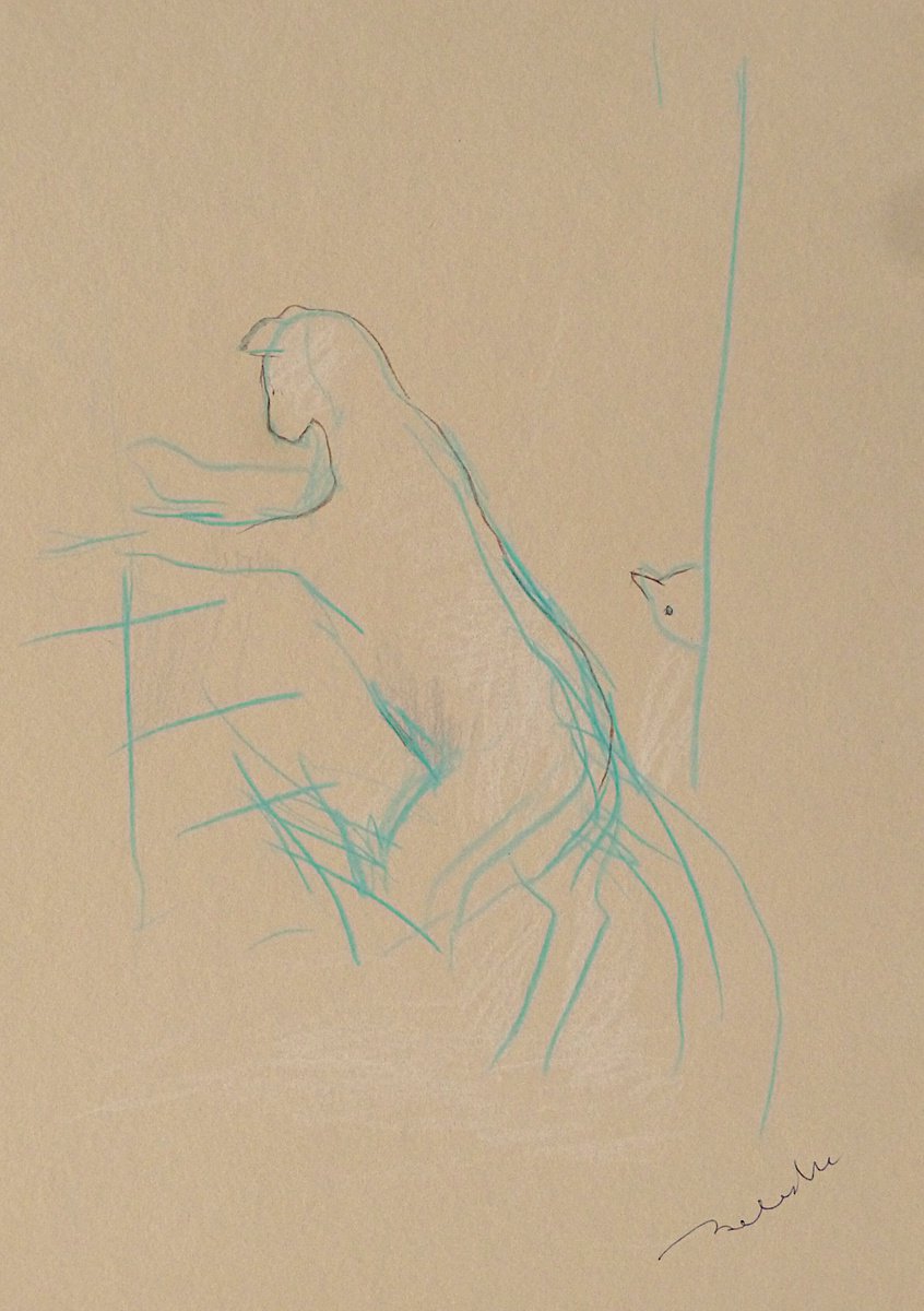 Expressive Animal Pencil Drawing By Frederic Belaubre, 8 X 11, The Cat And The Kitten, Original Artwork