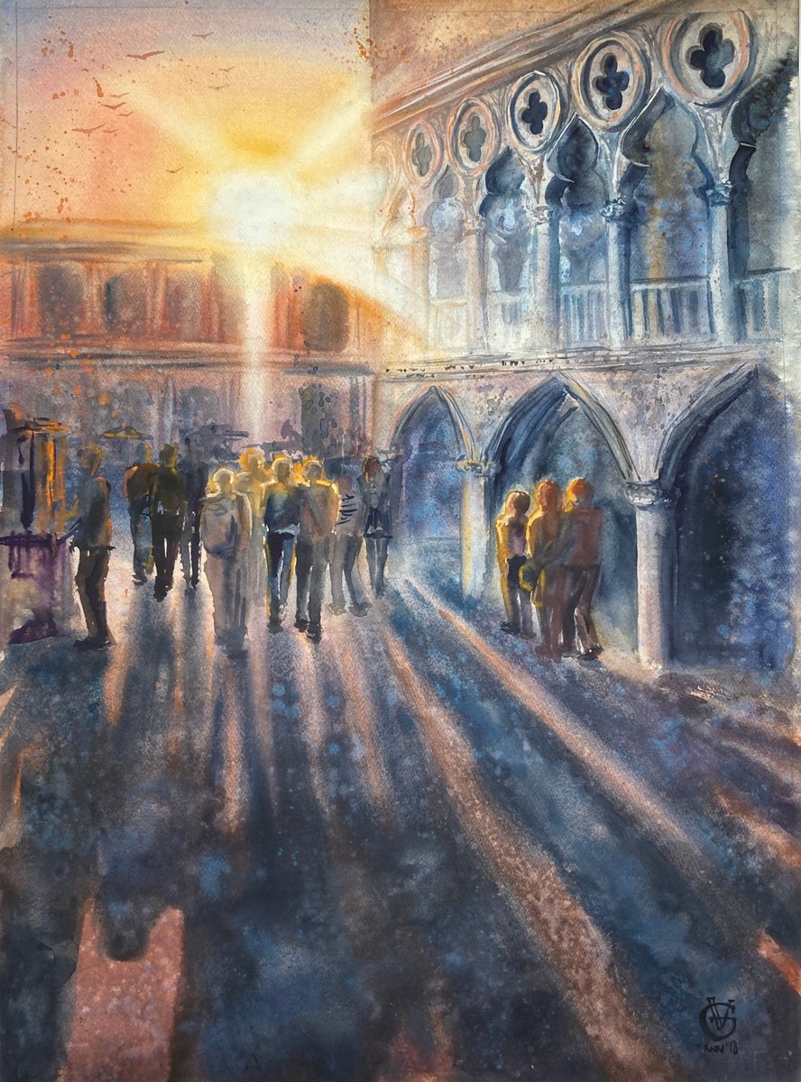 Impressionistic Cityscapes Watercolour By Valeria Golovenkina, 22 X 30", San Marco Sunset, Original Artwork