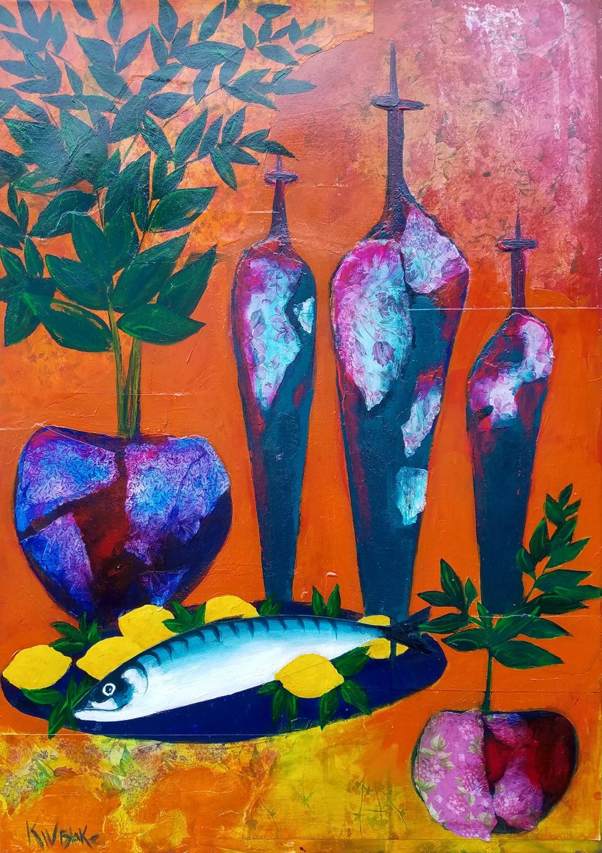 Naive Still Life Painting By Kevin Blake, 20 X 28", Grand Vases, Original Artwork