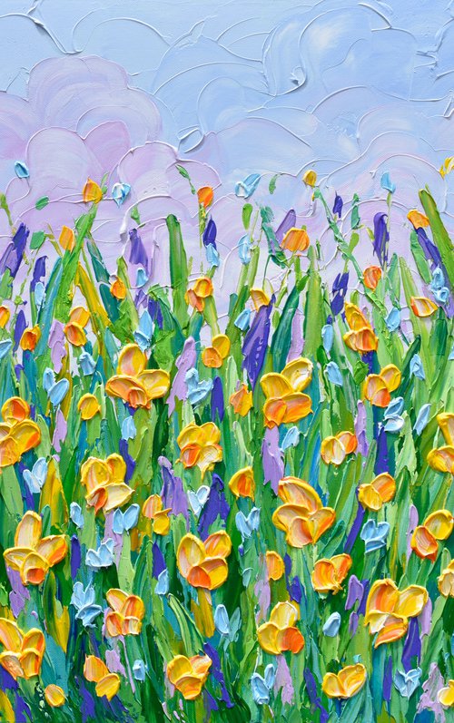 Yellow Flowers Meadow - Heavy Impasto Landscape Painting, Textured Knife Floral Art by Olga Tkachyk