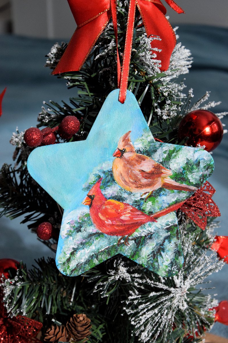 Personalised Christmas ornaments, cardinals original acrylic painting, hand painted bauble by Kate Grishakova
