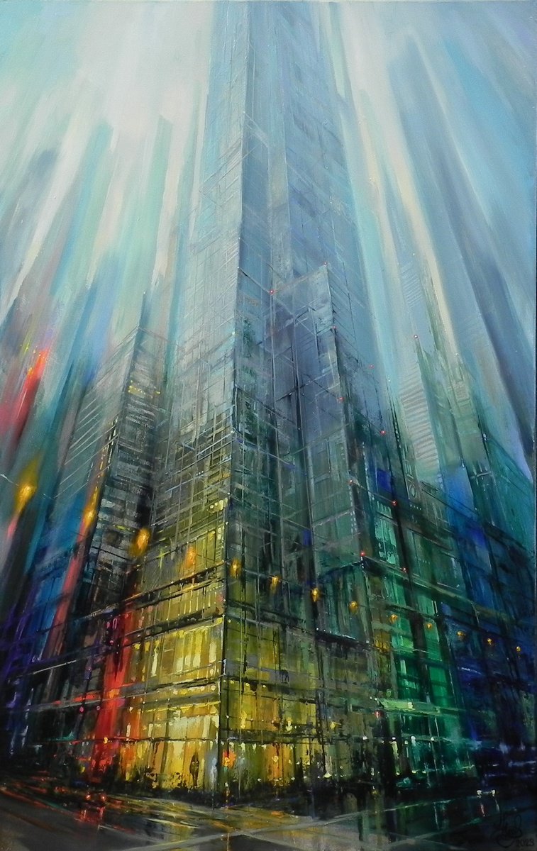 Abstract Cityscapes Oil Painting By Yurii Novikov, 28 X 43", - Growth Prospect”, Original Artwork