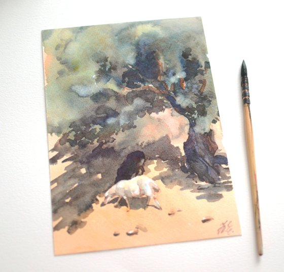 Two sheep under the tree, watercolor sketch of animals