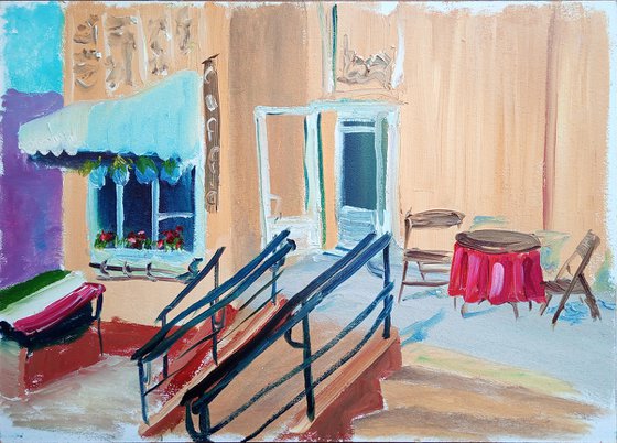 Small cafe in the yellow house. Plein Air Painting