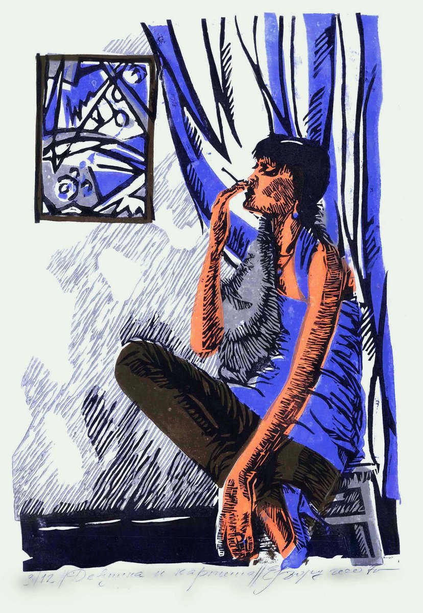 Illustrative Portrait Linocut By Kateryna Bortsova, 15 X 19", Girl With Picture, Original Artwork