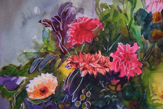 Watercolor painting Autumn flowers bouquet