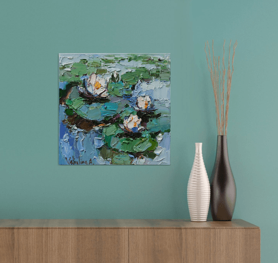 White Water Lilies - Pond flowers  Impasto Original Oil painting