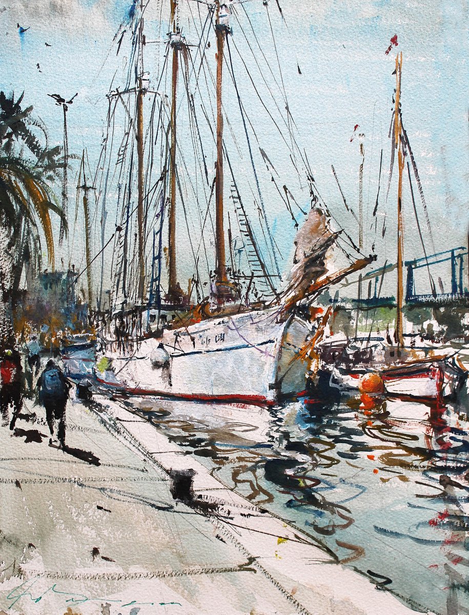 Impressionistic Landscape Watercolour By Maximo Damico, 11 X 15", Schooner Goleta In Barcelona Port, Original Artwork