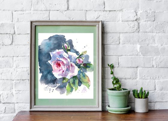 "Glow" - watercolor sketch of a light rose on a gray background