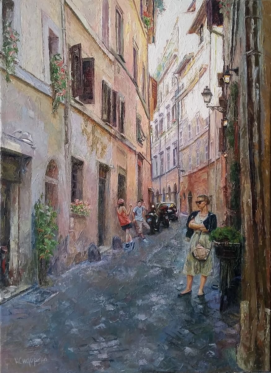 Impressionistic Landscape Oil Painting By Natalia Sidorina, 20 X 28", Evening In Rome, Regola, Original Artwork