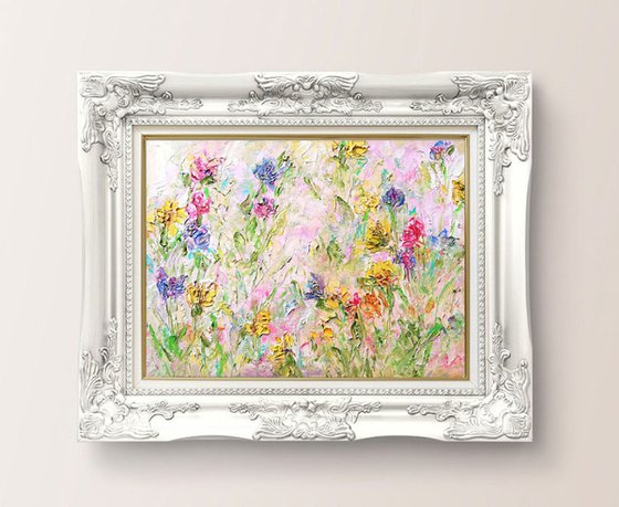 Positive Floral Painting Original Abstract Flower Meadow Canvas Art Expressive Impasto 8 by 12"