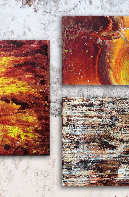 "Earth, Wind and Fire" - Save As Series - Original Large PMS Abstract Triptych Acrylic Paintings On Canvas - 66" x 42" by Preston M. Smith (PMS)