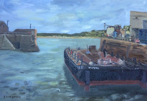 Barge in Penzance harbour, oil painting. by Julian Lovegrove Art
