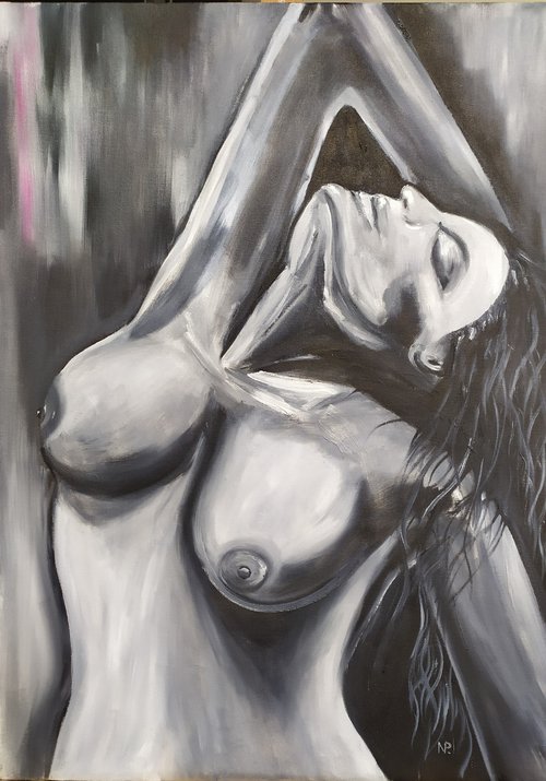 Desire, nude erotic black and white girl oil painting, art for home, Gift by Nataliia Plakhotnyk